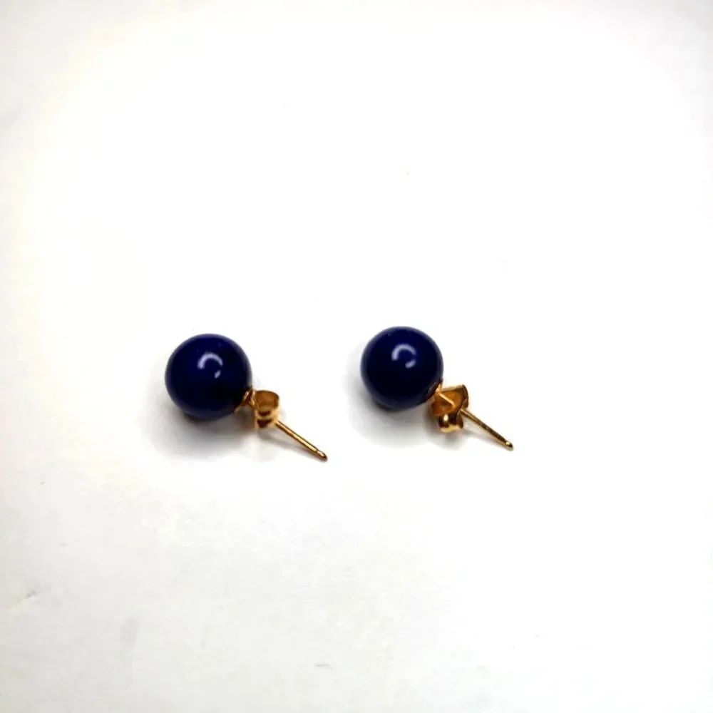 Round Blue Lapis And 14K Gold Earrings Pierced
